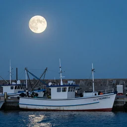 a harvest moon in the sky over a fishing boat harbor, fishing boats docked, a few street lights, in the style of Jordan grimmer and Moebius