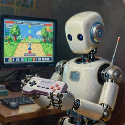 an elaborate robot holding a retro game controller in robot hand, on screen video game shown in background, intricate details, hyperrealistic oil painting on canvas, deep depth field, hd, hdr, 4 k, 8 k, by gerardo dottori, oil on canvas