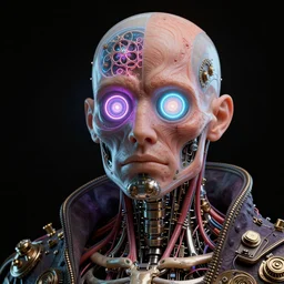 3D render of a portrait of a futuristic steampunk  wizard cyborg, inset xray cross-section, neon lenses for eyes, Mandelbrot fractal, titanium skeleton, anatomical, flesh, facial muscles, wires, microchips, electronics, veins, arteries, glowing, full frame, microscopic, elegant, highly detailed, flesh ornate, elegant, high fashion, dye contrast lighting, black light, octane render