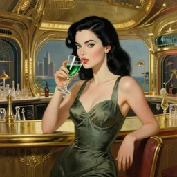 beautiful woman with black hair and green eyes. she is wearing a cocktail dress and drinking absinthe. she is in the bar of the atlantis paradise, a retro futuristic spaceship made of brass, art deco influence, hotel style design. clean, well composed painting by artgerm and greg rutkowski.