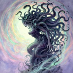 side profile, medusa, evil monstrous creature, gloomhaven, haunting, snake hair, colorful swirly magic ripples, pastel colors, by greg manchess, huang guangjian, gil elvgren, sachin teng, greg rutkowski, jesper ejsing, ilya kuvshinov
