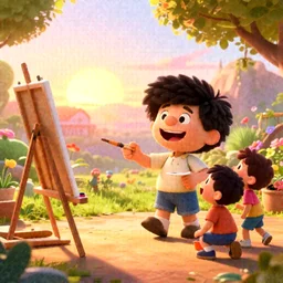 a wholesome cottagecore illustration of a happy cartoon Bob Ross teaching excited kids how to paint, studio Ghibli, Pixar and Disney animation, sharp, Rendered in Redshift and Unreal Engine 5 by Greg Rutkowski, Bloom, dramatic lighting, sunrise