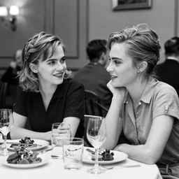 b & w photo of emma stone and emma watson having dinner in the 1 9 5 0 s,