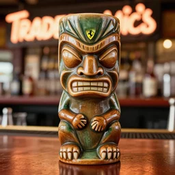 a closeup photorealistic photograph of a ferarri style tiki mug sitting at a trader vic's bar. tiki theme. bright scene. fine detail. this 4 k hd image is trending on artstation, featured on behance, well - rendered, extra crisp, features intricate detail, epic composition and the style of unreal engine.