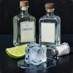 oil painting portrait of an ice cube starting to melt in the forefront surrounded by a lime wedge, an empty bottle of tequila and ( fallen salt shaker ). black background