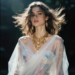 filmstill photography of female body covered with white translucent blanket acrylic liquid colors, luxurious supermodel photoshooting, golden jewelry, bokeh, godrays, strong wind, wrinkles