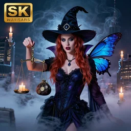 hyperrealistic portrait of amber heard as a vampire witch holding a scale and a coin purse, sapphire butterflies wings, lit candles ornate raven hat fabric mystic fog smoke, above the clouds skyscrapers. by jeremy mann, bouguereau, ( alma tadema ), fantasy art, photo realistic, dynamic lighting, artstation, poster, volumetric lighting, 4 k, award winning