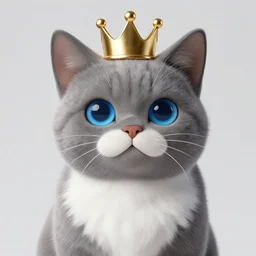 gray anthropomorphic, cat female with a whit and chest, wearing a golden crown, big blue eyes, plushy n - 1 0
