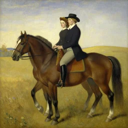 an original painting of american gothic replaced with horses, a couple riding a horse, by grant wood