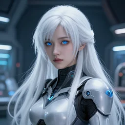 perfect android girl, warframe armor, beautiful face, scifi, futuristic, space station, laboratory, kwak ji young, dreamy, long white hair, blue cyborg eyes, cinematic lighting, innocent, highly detailed, very cute, focused, artstation, divine, by gauthier leblanc, kazuya takahashi, huifeng huang, jama jurabaev