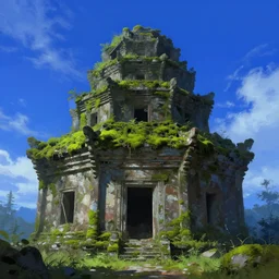 an abandoned temple that's covered in moss, bright night sky, digital painting