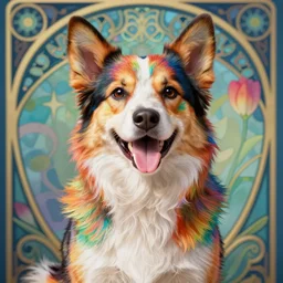 portrait friendly cute happy stylish realistic rainbow dog. background in the style of art nouveau. lively. colorful. hd.