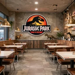 Theme park restaurant themed to Jurassic Park (1993), interior photograph