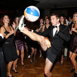 people at a fancy party kicking a beach ball with their lingue knee by craig mullins