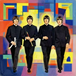 psychedelic dream of the Beatles in an abstract background by Mondrian