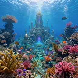 a photorealistic detailed image of a beautiful vibrant iridescent underwater seascape of full of colorful aquatic plants and atlantis city scape, spiritual science, divinity, utopian, by david a. hardy, hana yata, kinkade, lisa frank,