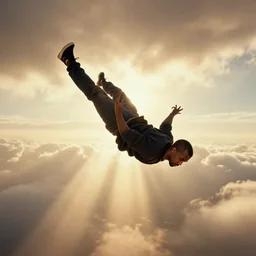 a photo of kanye west falling from the sky, dramatic, ektachrome, vintage, wide angle, warm color palette, light mode, 2. 5 - dimensional, 1 6 k, ultra - hd, megapixel, cga, rays of shimmering light, clouds, mist, screen space reflections