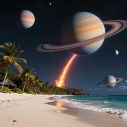 tropical beach on another planet, with stars and colorful ringed planets in the sky, and a flaming meteor coming down