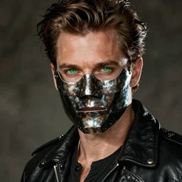 photo of a man with a metal mask, green eyes and a black leather jacket, dramatic lighting