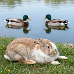high detailed photo of a rabbit relaxing at a nearby lake with a duck floating by.