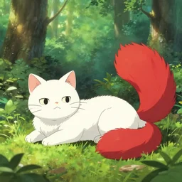 white cat with fluffy red tail like fox tail lying at sunny forest, high detailed, hyper realistic, octane engine, anime illustration, miyazaki, ray tracing