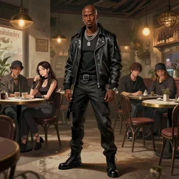 stylish cyberpunk black man with tattoo and bald head, detailed cafe background full body, fine detail, anime, realistic shaded lighting, directional lighting 2 d poster by ilya kuvshinov, magali villeneuve, artgerm, jeremy lipkin and michael garmash and rob rey