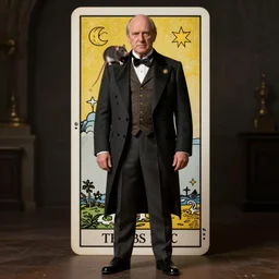 older fantasy butler that looks similar to michael kane, full body portrait, handsome, realistic, tarot card style, balding, well dressed, pet rat on shoulder