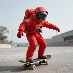 red astronaut riding skateboard