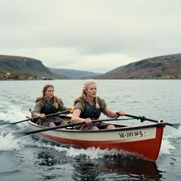 photo of viking women in speed boats invading scottland, hyperrealism, fujifilm velvia 5 0
