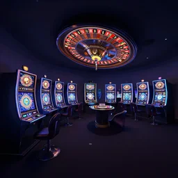 minimalistic extreme wide angle curved perspective digital art of indoor casino with alien shaped slot machines, with roulettes in the roof, by anton fadeev from nightmare before christmas, 8 k, by pixar