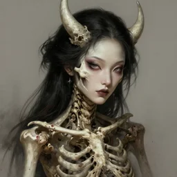 gorgeous asian demoness of skull, portrait, bones, skull, dirt, bloody, elegant, highly detailed digital painting, by artgerm, sean yoro, wlop, chie yoshii