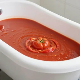 a bathtub filled with liquid tomato soup