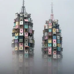two organic looking towers, made up of makeshift squatter shacks with pastel colours, uneven dense fog, dystopia, hasselblad x 1 d, fully frontal view, very detailed, photographed by jeanette hagglund
