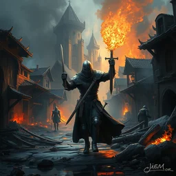 a painting of a cinematic keyframe of a medieval knight warrior with his sword walking into a destroyed medieval town, with fire by greg rutkowski, rule of thirds, golden ratio, ambient lighting, wlop, artgerm, artstation, highly detailed masterpiece, dark fantasy art, high detail, trending on artstation