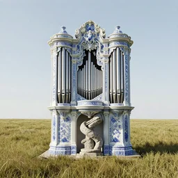 a detailed modeling of an isolated lonely large porcelain pipe organ in the middle of a field, intertwined with a lone stone column, trending on artstation, render, 3 d, octane, 4 k, 8 k, unreal engine, cinema 4 d, baroque, art deco, brutalism