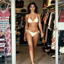 color photograph portrait of a beautiful woman in bikini walking in the shop, night, summer, dramatic lighting, 1 9 9 0 photo from live magazine.