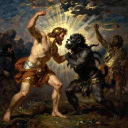 odysseus blinding the cyclops polyphemus, oil on canvas, epic, mythology, dramatic lighting