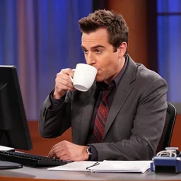 Jimmy James from the NBC sitcom NewsRadio sitting at a desk drinking coffee