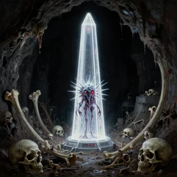white neon obelisk, super reflective alien spaceship with red leds, spiky lopsided ferrofluid creature in the center of the decrepit underground cave by ross tran and ivan aivazovsky. skulls, big bones, eerie, somber tone. by beeple beksinski. surreal architecture, bizzare landscape, precisionism, diseased dark theme, chiaroscuro dramatic lighting perfect composition high definition 8 k oil painting with black background by christian rex van dali todd schorr