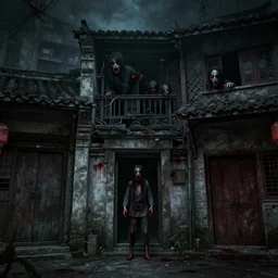 3 d game cg, supernatural terror in the republic of china. old chinese residential street, old blood stains, horror scenes, red eyes in the dark peeking over here. artstation trending, loicmuzy, unreal engine, hyperdetailed, 4 k