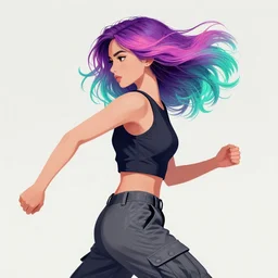 a award winning half body portrait of a beautiful woman in a croptop and cargo pants with ombre purple pink teal hairstyle with head in motion and hair flying, outrun, vaporware, flat illustration, digital art, trending on artstation, highly detailed, fine detail, intricate