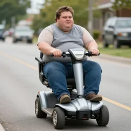 incredibly morbidly obese american with severe diabetes riding on a ride - on - scooter