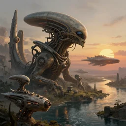 sci - fi, alien landscape old machines, old starships, river, sunset, deep focus, fantasy, intricate, elegant, highly detailed, digital painting, artstation, concept art, matte, sharp focus, illustration, art by artgerm and greg rutkowski