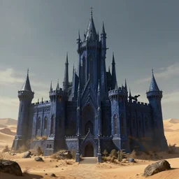 A digital concept art painting of a dark blue medieval european ghotic castle in desert, 4K UHD image, unreal engine