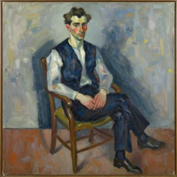 painting of a man sitting on a chair staring at you by georg baselitz, expressive painting, multi layered thick brushstrokes, high quality