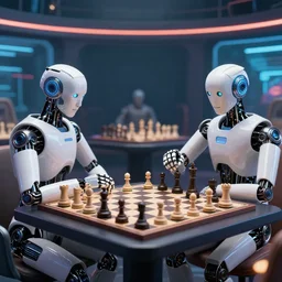 ai virtual robots playing multidimensional social chess against each other in a cyberspace thunderdome. hyper detailed, 4 k hd image trending on artstation, featured on behance, well rendered, extra crisp, cinematic composition, beautiful lighting, depth of field