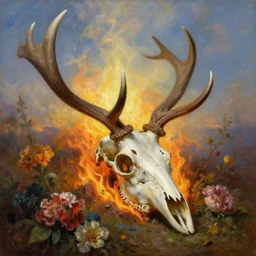 a deer skull with antlers on fire, surrounded by flowers, ultra realistic, wide angle, intricate details, artifacts, luminous skies, highly detailed, michael cheval, peter mohrbacher, boris vallejo, jessica rossier, oil painting, highly detailed, cinematic lighting