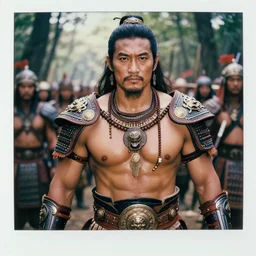 matte close - up portrait of smart and ruggedly handsome hero body builder tai warlords who assemble in the forest backlighting in crowd of battlefield, ethnic costume, leather and metal armored, traditional decoration, highly detailed, intricate, elegant, loin cloth, highly detailed, 8 k, cinematic lighting, global illumination, ornate, super detailed, faded color polaroid, a colorized photo, colorized, # film