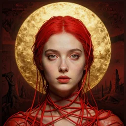 Woman masterpiece, beautiful eyes, red, golden halo behind her head, red wires wrap around, by Edgar Maxence and Ross Tran, Zdzisław Beksiński, and Michael Whelan, distant, gustav dore, H.R. Giger, 8k, octane render
