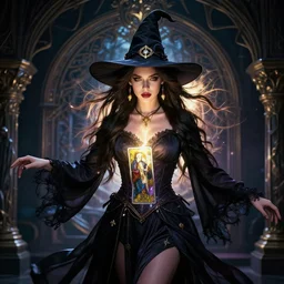 portrait of tarot witch, beautiful, attractive, glowing, jaw dropping, magical, dynamic lighting, dark, 4 k, octane render, age 2 0, background enchanted, intricate and ornate, highly detailed, sharp focus